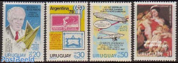 Uruguay 1977 Mixed Issue 4v, Mint NH, History - Transport - Nobel Prize Winners - Stamps On Stamps - Aircraft & Aviati.. - Nobelprijs