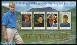 Saint Vincent 2000 Prince William 18th Birthday 4v M/s, Mint NH, History - Kings & Queens (Royalty) - Königshäuser, Adel