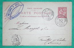 ENTIER MOUCHON RETOUCHE 10C LEVANT CAD SMYRNE TURQUIE D'ASIE POUR FOUILLOY SOMME 1904 CARTE POSTALE FRANCE - Storia Postale