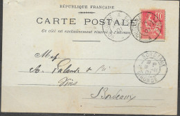 L'Abeille Sur Carte Postale Repiquée Timbre 10 Mouchon Oblitéré Ambulant Boulogne A Paris Pour Bordeaux 18 NOV.01 - Bienen