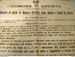 1927  MANIFESTO CON ANNULLO ORVIETO CONCORSO AL POSTO DI MAESTRO - DIRETTORE DELLA SCUOLA DI MUSICA E DELLA BANDA COMUNA - Historical Documents