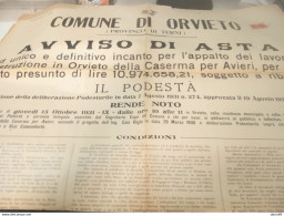 1931 ORVIETO AVVISO DI ASTA PER LA COSTRUZIONE DELLA CASERMA PER AVIERI - Documenti Storici
