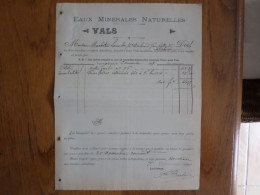 07 VALS LES BAINS - Facture EAUX MINERALES NATURELLES VALS, Novembre 1899 - 1800 – 1899