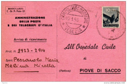 1948  RICEVUTA DI RITORNO CON ANNULLO CAMPOLONGO MAGGIORE VENEZIA - 1946-60: Marcofilia