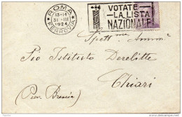 1924 LETTERA  CON ANNULLO ROMA + TARGHETTA VOTATE LA LISTA NAZIONALE - Marcofilía