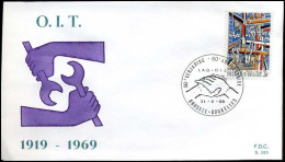 België - FDC -1497 - 50e Verjaardag V/d Internationale Arbeidsorgnisatie  -- Stempel  :  Brussel/Bruxelles - 1961-1970