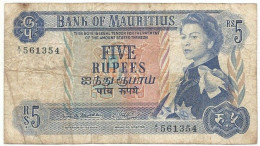 Mauritius 1967 Queen Elizabeth II Five 5 Rupees Banknote P-30a Circulated + FREE GIFT - Mauricio