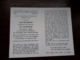 Leon De Backer ° Kalmthout 1919 + Nieuwmoer 1982 X Irma Mattheeusen - Obituary Notices