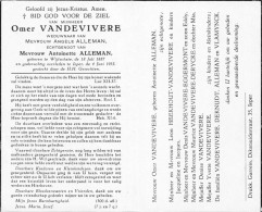 Doodsprentje / Image Mortuaire Omer Vandevivere - Alleman Wijtschate Ieper 1887-1953 - Obituary Notices