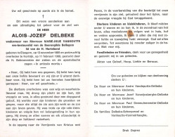 Doodsprentje / Image Mortuaire Alois Delbeke - Vanhoutte - Elsegem Bellegem Kortrijk 1889-1969 - Overlijden