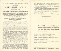 Doodsprentje / Image Mortuaire Jules Soete - Camerlynck Zonnebeke Ieper 1884-1950 - Todesanzeige