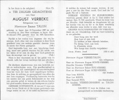 Doodsprentje / Image Mortuaire August Verbeke - Talon - Ieper 1889-1955 - Overlijden