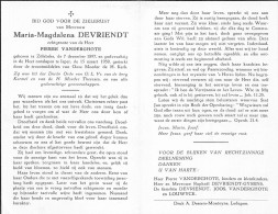 Doodsprentje / Image Mortuaire Maria-Magdalena Devriendt - Venderghote - Zillebeke Ieper 1897-1959 - Obituary Notices