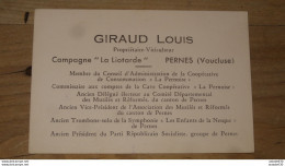 Carton Publicitaie GIRAUD Louis, Viticulteur A PERNES LES FONTAINES ............. PHI ....... E2-87 - Alimentare