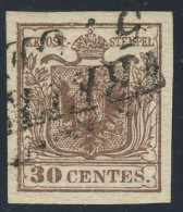 1850 - 30 C. Bruno Carta A Mano Con Filigrana In 3/4 1°tipo Ben Marginato Con Annullo SI Di Treviso (2 Immagini) - Lombardo-Venetien