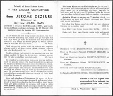 Doodsprentje / Image Mortuaire Jerome Dezeure - Maes - Veurne Ieper 1887-1956 - Obituary Notices