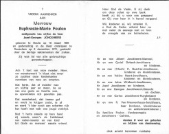 Doodsprentje / Image Mortuaire Euphrasie Foulon - Jonckheere - Heule Roeselare 1891-1971 - Overlijden