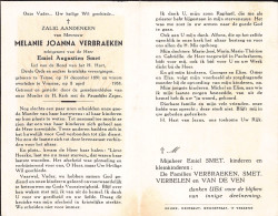 Doodsprentje / Image Mortuaire Melanie Verbraeken - Smet - Temse Vrasene 1891-1958 - Overlijden
