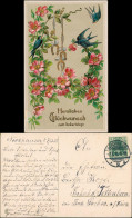 Ansichtskarte  Schwalben, Hufeisen Blumen 1915 Goldrand - Verjaardag