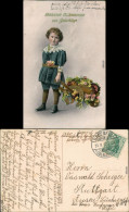 Glückwunsch Geburtstag - Kind Mit Blumenwagen, Hufeisen 1912 Goldrand - Anniversaire