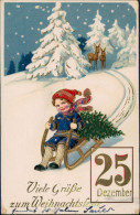 Glückwunsch/Grußkarten: Weihnachten Schlitten 25. Dez. GoldPrägeAK 1915 Goldrand - Other & Unclassified