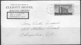 1956 Suffolk Virginia (Sep 14) Elliot Hotel - Covers & Documents