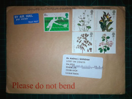 ANGLETERRE, Enveloppe Envoyée Par Avion à Miami, Floride, USA, Avec Divers Timbres Apposés Fleurs De La Région Et Autres - Used Stamps