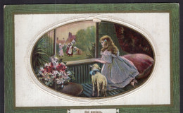 Postcard - 1910 - Drawing - Girl With Little Lamb Looking Out A Window - Kindertekeningen