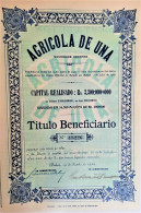 S.A. Agricola De Una - Titulo Beneficiario (Bahia) 1922 - Agricoltura