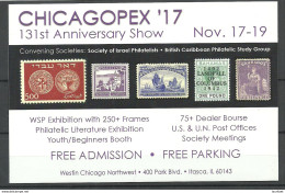 USA 2017 Advertising Post Card Chicagopex Stamp Exhibition Unused - Publicité