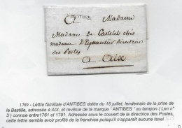 ALPES  MARITIME  Lettre Franchise Poste Marque  Postale ANTIBES 15 JUILLET 1789 (lendemain Prise Bastille) - 1701-1800: Vorläufer XVIII