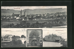 AK Moosburg, Isarbrücke, Elektrizitätswerk, Kirchenportal, Totalansicht  - Moosburg