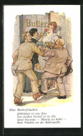 AK Butterfräulein Und Herren Mit Blumen, Höflichkeit Ist Eine Zier..., Kriegsnot  - War 1914-18