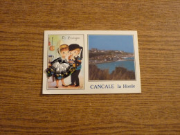 Carte Brodée "En Bretagne - Cancale - La Houle" - Jeune Couple - Jeune Femme Tenue Brodé/Tissu- 10,5x15cm Env. - Embroidered