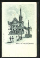 Lithographie Aschaffenburg, Stiftskirche Mit Brunnen  - Aschaffenburg