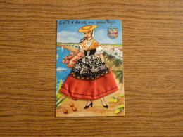 Carte Brodée "Côte D'Azur, Mon Beau Pays"  - Jeune Femme Costume Brodé/Tissu- 10,5x15cm Env. - Ricamate