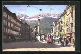 AK Innsbruck, Maria Theresienstrasse, Strassenbahn, Sattelspitzen, Seegrubenspitzen  - Tramways