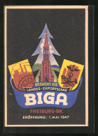 Künstler-AK Freiburg, Landes-Exportschau Biga 1947, Kirche Im Tannenbaum, Fabrik, Hand Mit Hammer Und Zange  - Ausstellungen