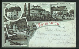 Mondschein-Lithographie Ratiborice, Hostinec, Mlyn, Staré Belidlo, Zámek  - Tchéquie