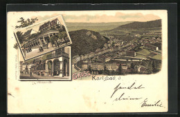 Lithographie Karlsbad, Teilansicht, Schlossbrunn, Marktbrunn  - República Checa