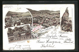 Lithographie Karlsbad, Stadtpark Und Gartenzeile, Felsenquelle, Hirschensprung  - República Checa