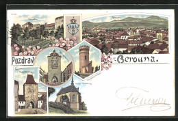 Lithographie Beroun, Ortsansicht, Kaple U Studansky, Turm  - Czech Republic