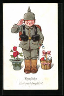 Künstler-AK P. O. Engelhard (P.O.E.): Weihnachtsgrüsse, Soldat In Uniform Mit Geschenken, Unsigniert  - Engelhard, P.O. (P.O.E.)