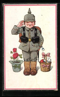 Künstler-AK P. O. Engelhard (P.O.E.): Der Junge Soldat In Uniform Mit Dem Geschenkkorb Und Einer Blume, Unsigniert  - Engelhard, P.O. (P.O.E.)