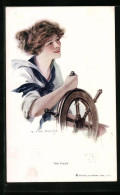 Künstler-AK F. Earl Christy: The Pilot, Junge Frau Am Steuerrad Eines Schiffes  - Autres & Non Classés