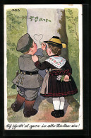 Künstler-AK P. O. Engelhard (P.O.E.): Kinder In Tracht Und Uniform Schnitzen Ein Herz In Die Baumrinde  - Engelhard, P.O. (P.O.E.)