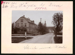 Fotografie Brück & Sohn Meissen, Ansicht Heyda Bei Riesa, Schule - Schulhaus & Kirche  - Orte