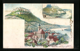 Künstler-AK Königstein, Teilansicht Mit Festung, Lilienstein  - Other & Unclassified