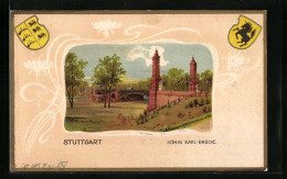 Passepartout-Lithographie Stuttgart, König Karl-Brücke, Wappen, Ornamente  - Andere & Zonder Classificatie