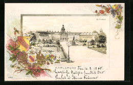 Passepartout-Lithographie Karlsruhe, Schloss, Wappen, Weintraube  - Autres & Non Classés